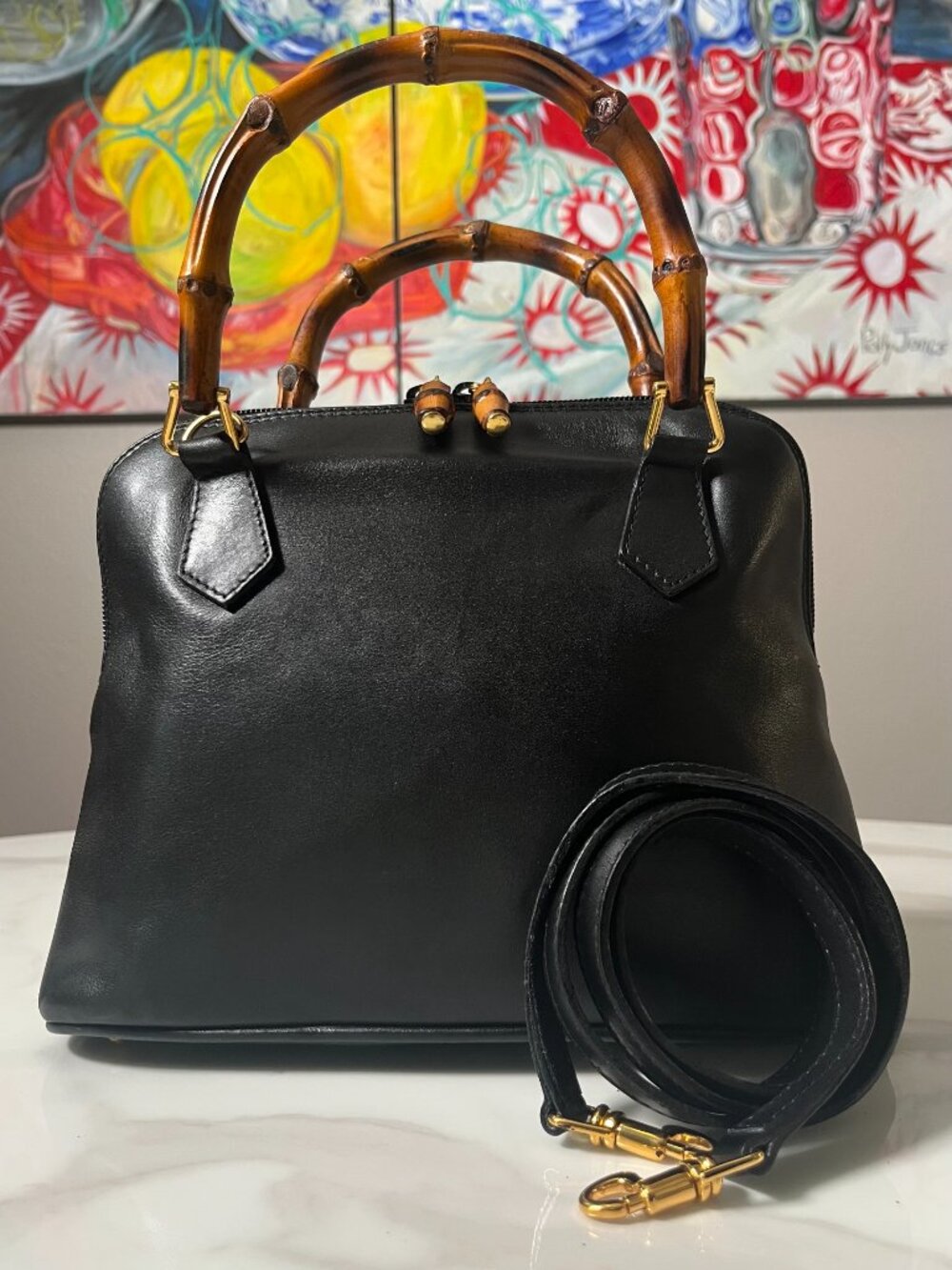Gucci Bamboo Vintage Tom Ford Black Leather Top Handle Crossbody Bag